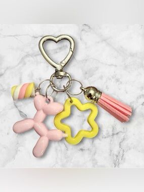 Pink Balloon Dog & Yellow Star Keychain with Tassel
